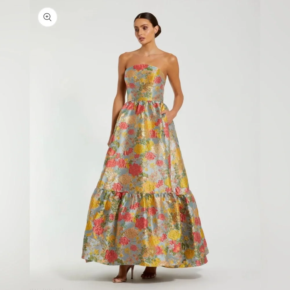 Mac Duggal Multicolor Strapless Floral Brocade Dress with Ruffles size 0 - Picture 2 of 7